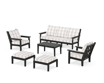 POLYWOOD® Chippendale 6-Piece Lounge Sofa Set in Black / Buffalo Plaid Dune Burlap