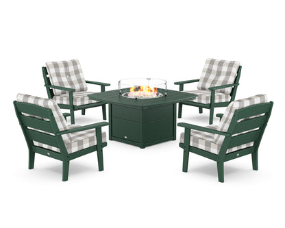 POLYWOOD® Lakeside 5-Piece Deep Seating Set with Nautical Fire Pit Table in Green / Buffalo Plaid Grey Mist