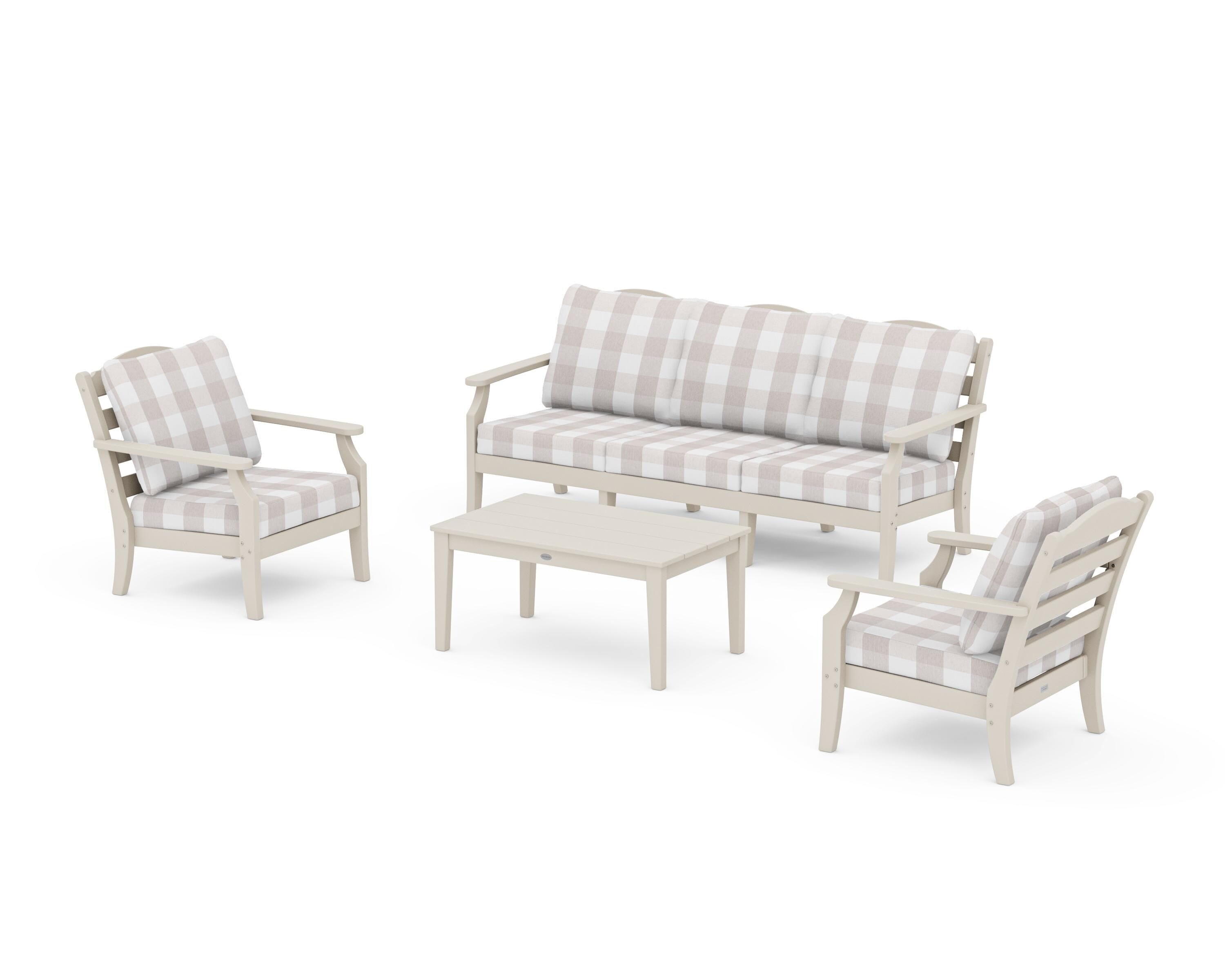 Draper James™ by  POLYWOOD® Savannah 4-Piece Deep Seating Set with Sofa in Sand / Buffalo Plaid Dune Burlap