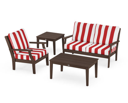 POLYWOOD® Braxton 4-Piece Deep Seating Set in Mahogany / Cabana Stripe Crimson