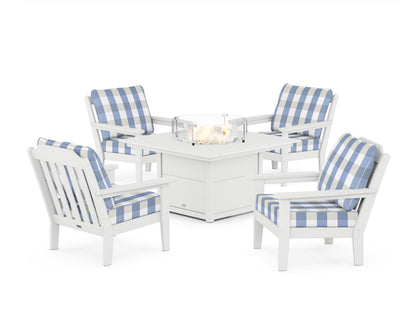 Country Living Cottage 5-Piece Deep Seating Set with Fire Pit Table in White / Buffalo Plaid Sky Blue