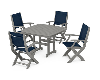 POLYWOOD® Coastal Folding Chair 5-Piece Dining Set in Slate Grey / Navy Blue Sling