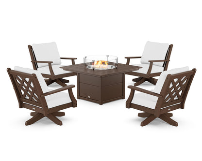 Country Living Wovendale 5-Piece Deep Seating Swivel Conversation Set with Fire Pit Table in Mahogany / Natural