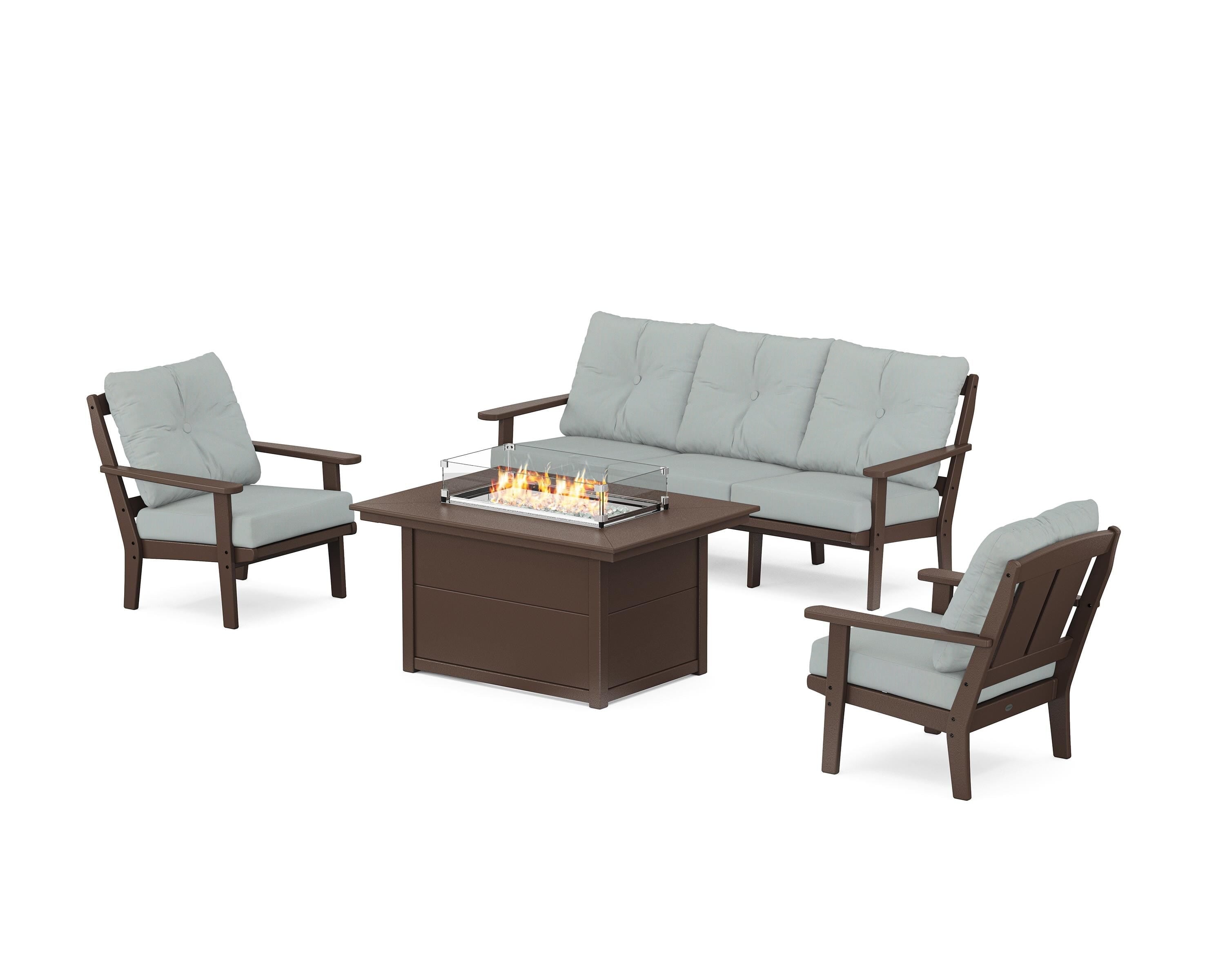 POLYWOOD® Mission Deep Seating Fire Pit Table Set in Mahogany / Spa