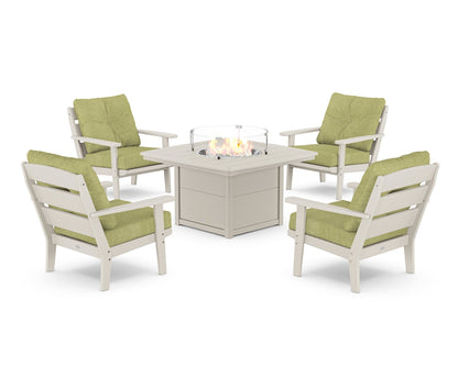 POLYWOOD® Lakeside 5-Piece Deep Seating Set with Nautical Fire Pit Table in Sand / Chartreuse Boucle