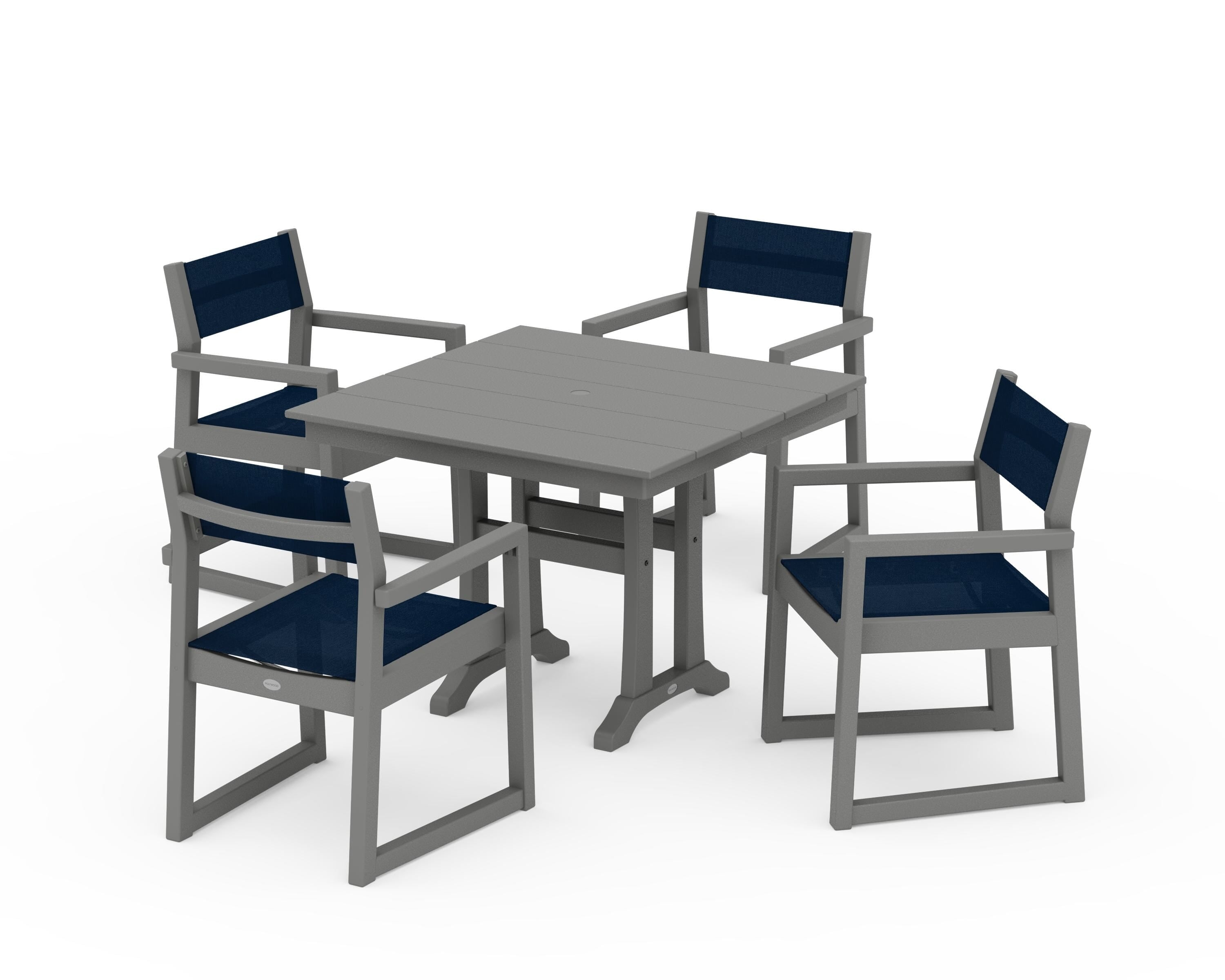 POLYWOOD® EDGE Sling 5-Piece Farmhouse Dining Set with Trestle Legs in Slate Grey / Navy Blue Sling