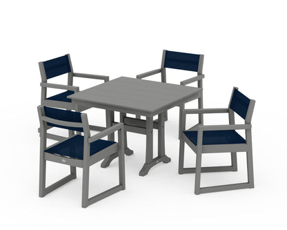 POLYWOOD® EDGE Sling 5-Piece Farmhouse Dining Set with Trestle Legs in Slate Grey / Navy Blue Sling