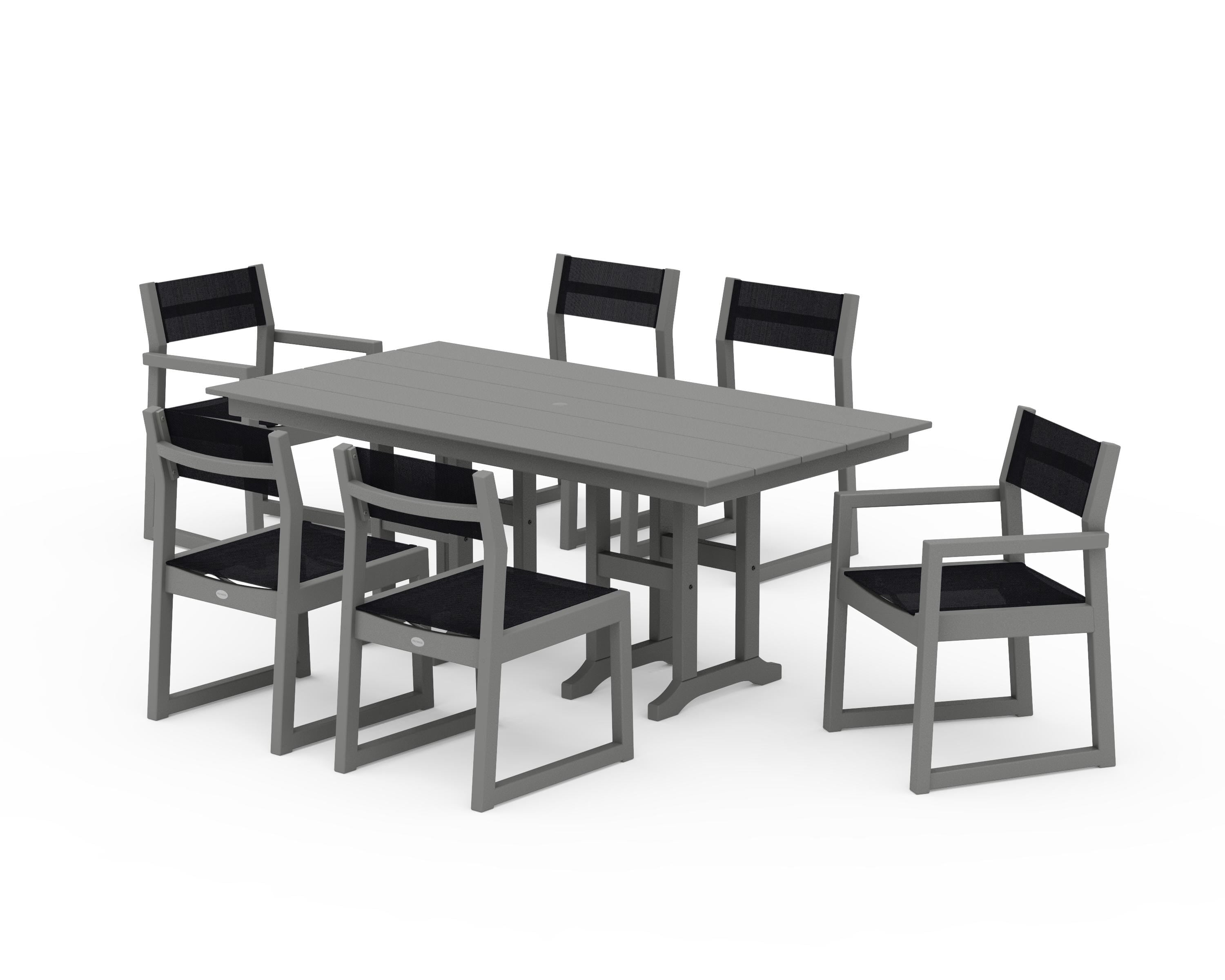 POLYWOOD® EDGE Sling 7-Piece Farmhouse Dining Set in Slate Grey / Black Sling