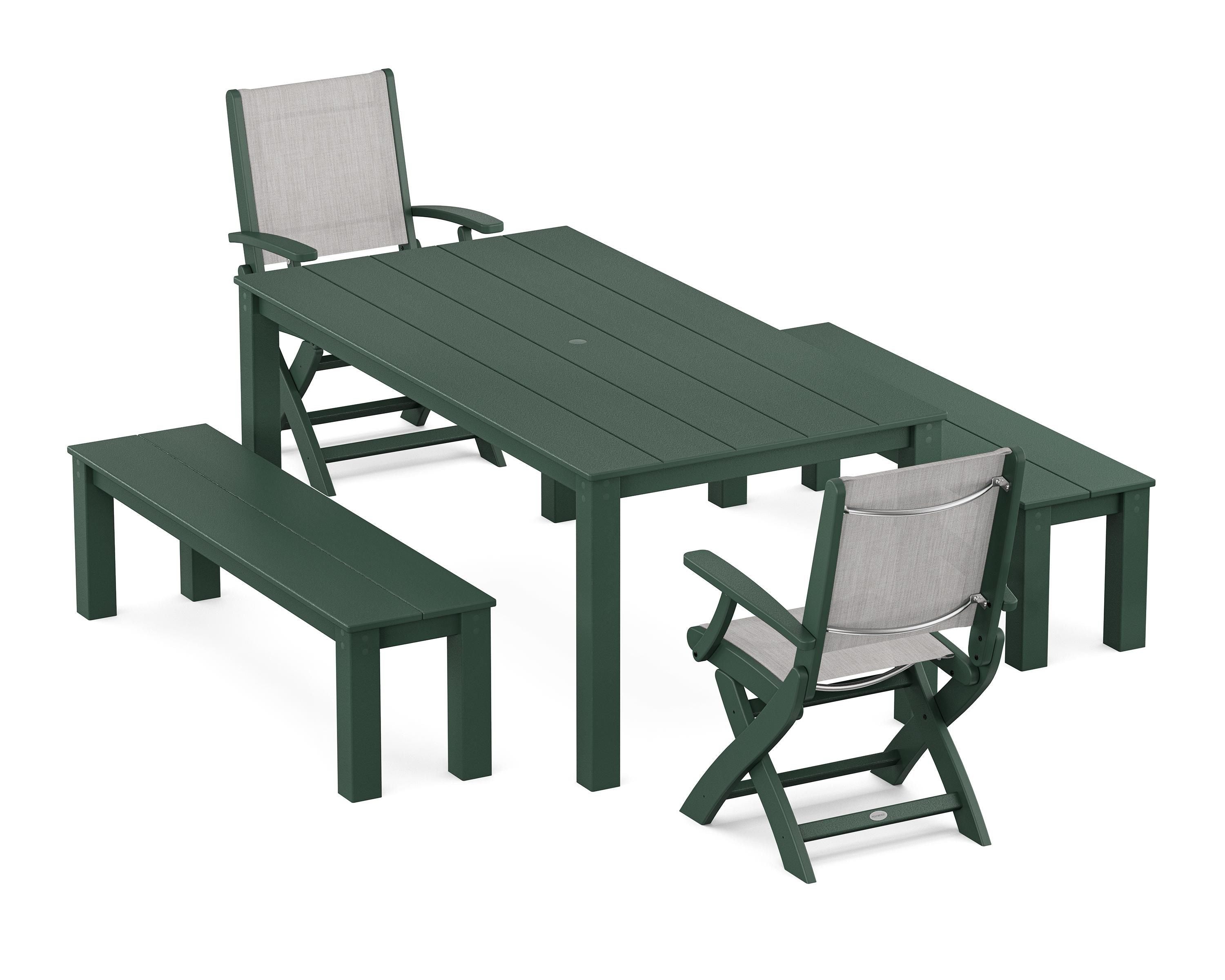POLYWOOD® Coastal Folding Chair 5-Piece Parsons Dining Set with Benches in Green / Parchment Sling