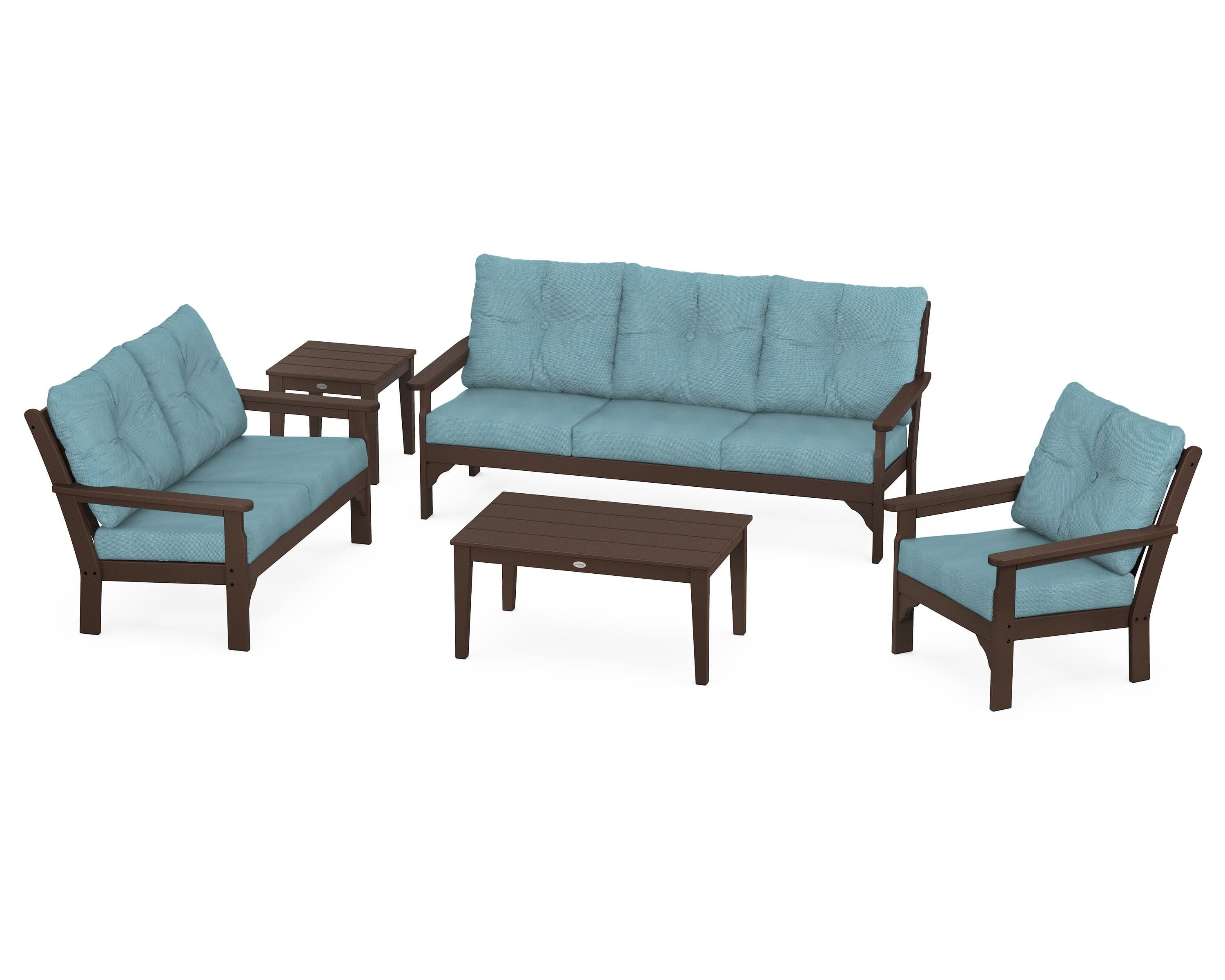 POLYWOOD® Vineyard 5 Piece Deep Seating Set in Mahogany / Lattice Sky Blue