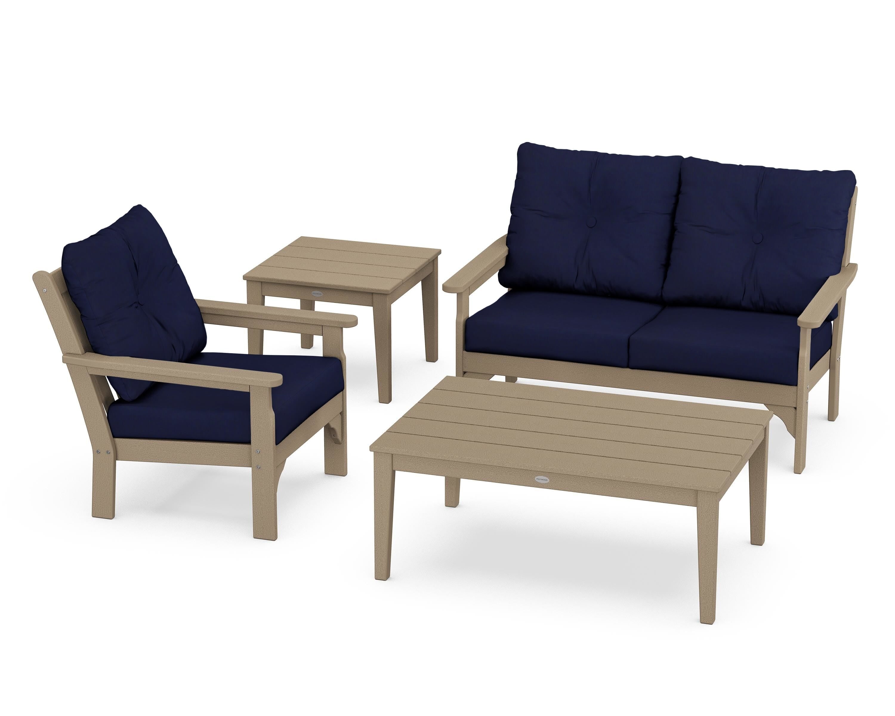 POLYWOOD® Vineyard 4-Piece Deep Seating Set in Vintage Sahara / Navy