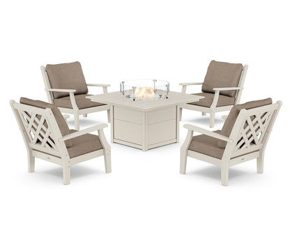 Country Living Wovendale 5-Piece Deep Seating Set with Fire Pit Table in Sand / Spiced Burlap