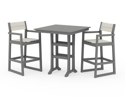 POLYWOOD® EDGE Sling Arm Chair 3-Piece Farmhouse Bar Set with Trestle Legs in Slate Grey / Parchment Sling