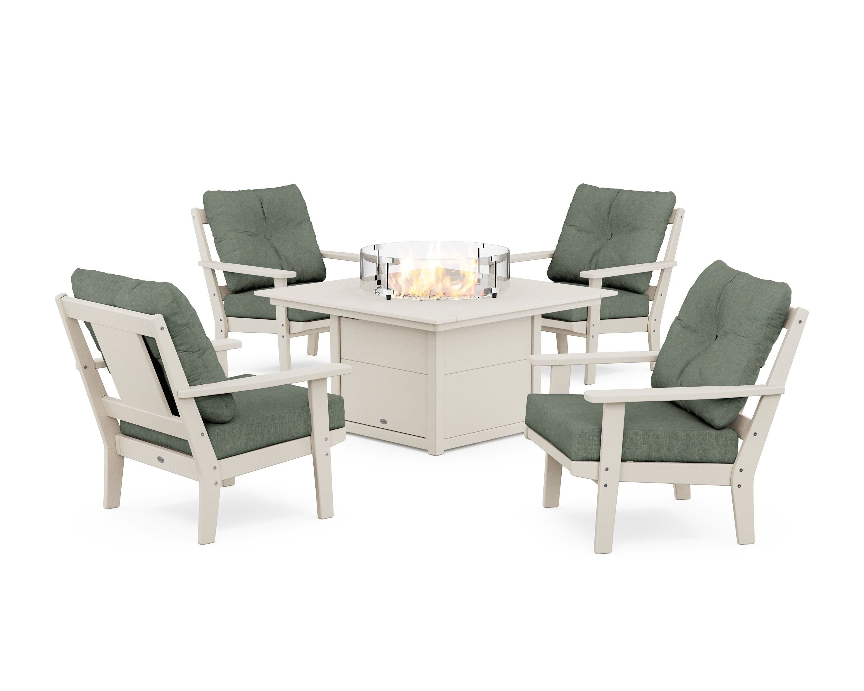 POLYWOOD® Prairie 5-Piece Deep Seating Set with Fire Pit Table in Sand / Cast Sage