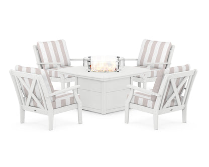 POLYWOOD® Braxton 5-Piece Deep Seating Conversation Set with Fire Pit Table in White / Cabana Stripe Dune Burlap