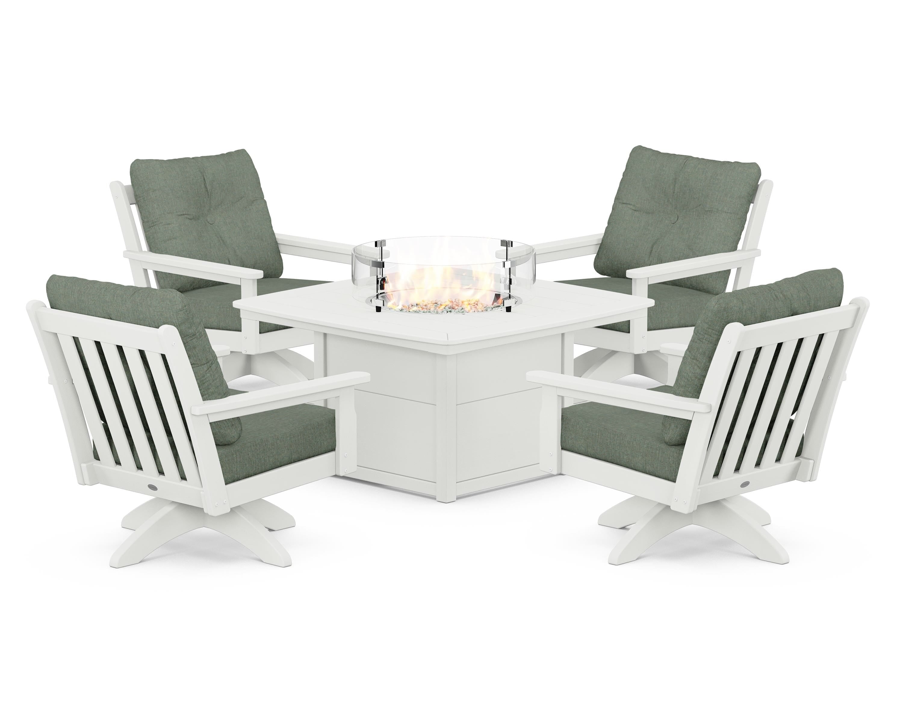 POLYWOOD® Vineyard 5-Piece Deep Seating Swivel Conversation Set with Fire Pit Table in Vintage White / Cast Sage