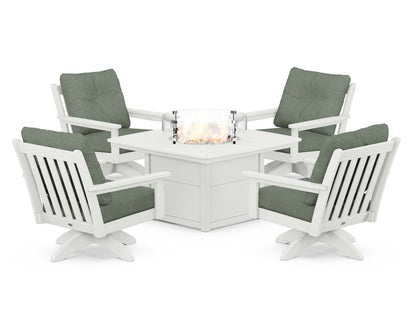 POLYWOOD® Vineyard 5-Piece Deep Seating Swivel Conversation Set with Fire Pit Table in Vintage White / Cast Sage
