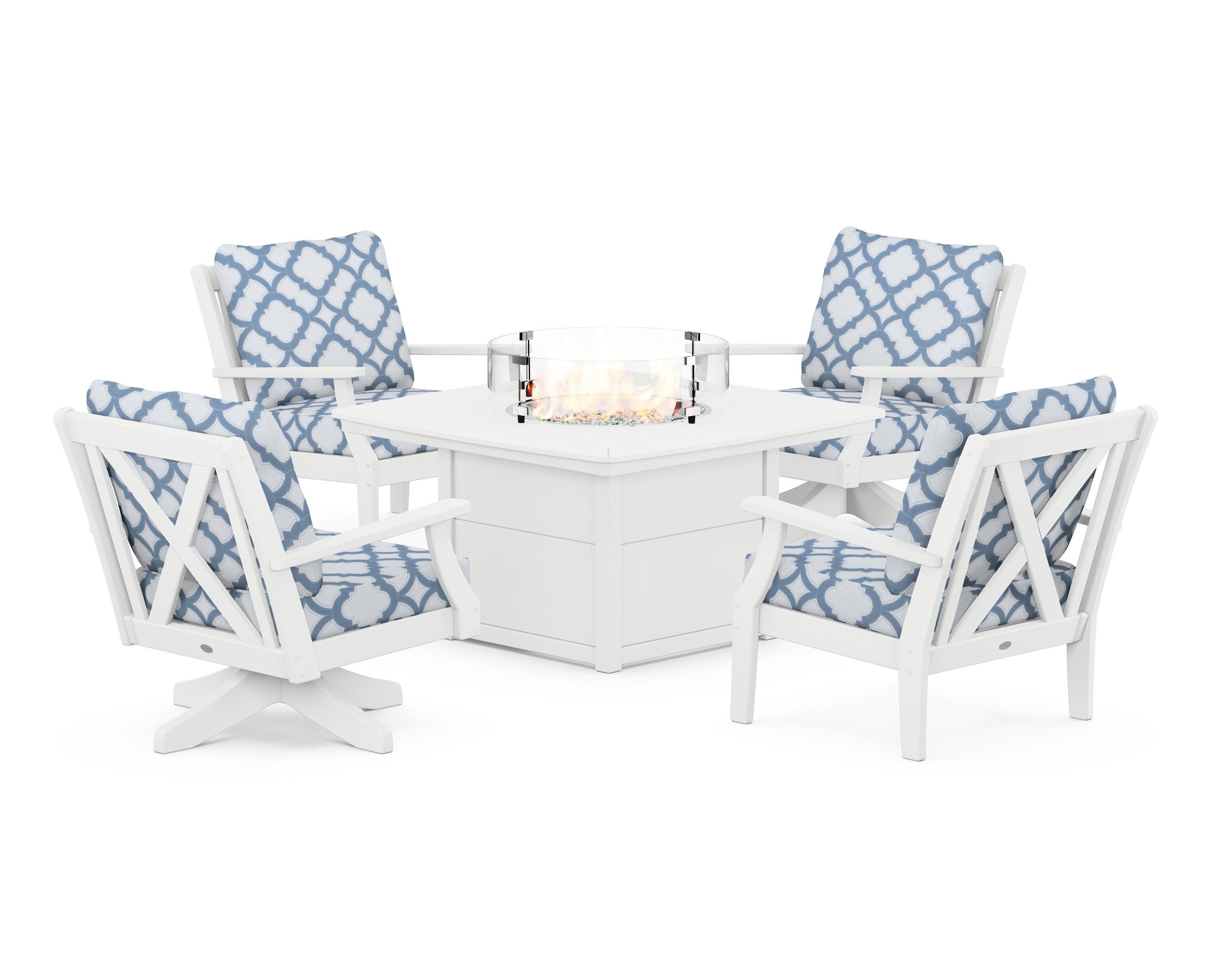 POLYWOOD® Braxton 5-Piece Deep Seating Set with Fire Table in White / Trellis Sky Blue