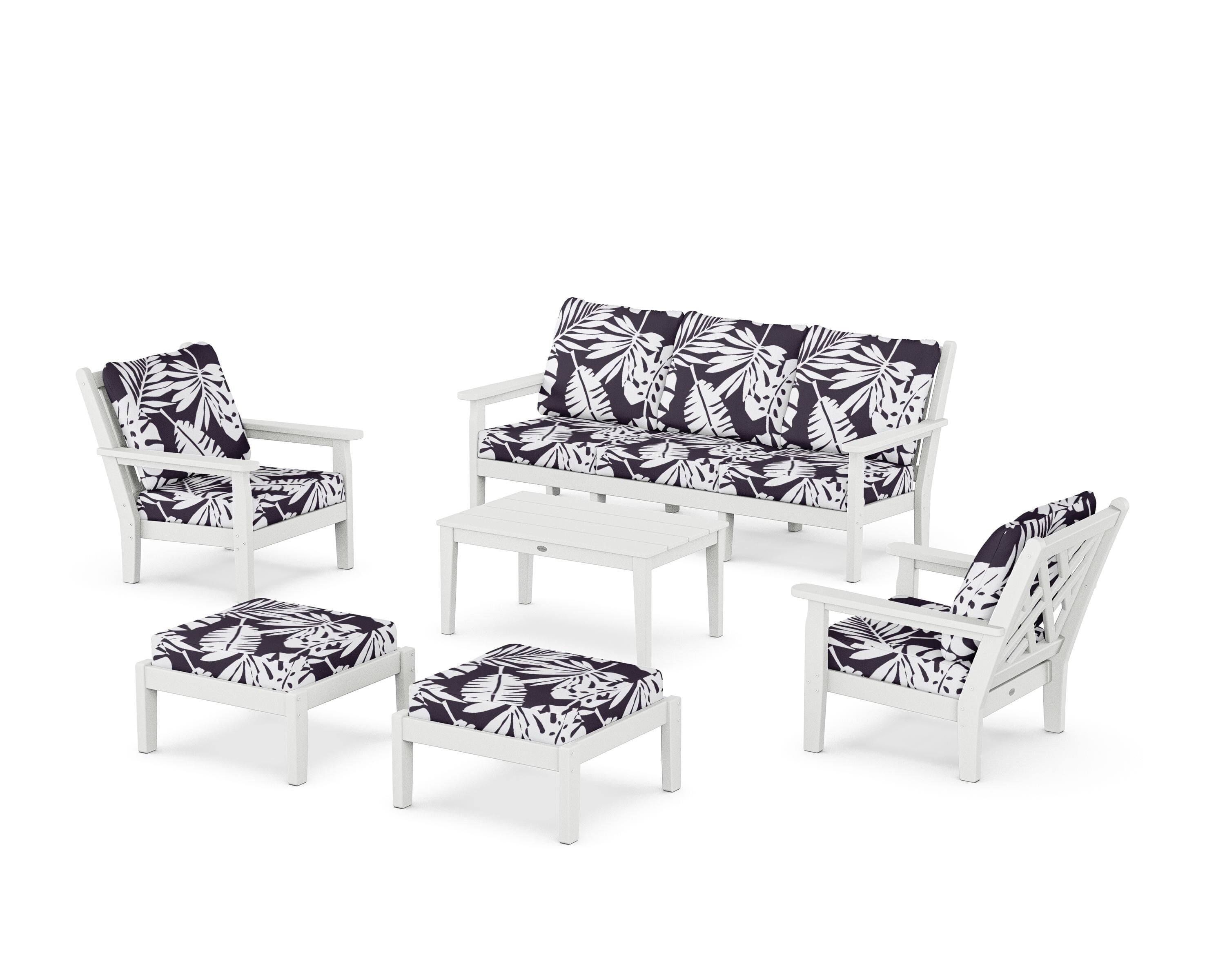POLYWOOD® Chippendale 6-Piece Lounge Sofa Set in White / Leaf Navy