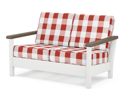POLYWOOD® Harbour Deep Seating Loveseat in White / Kona / Buffalo Plaid Crimson