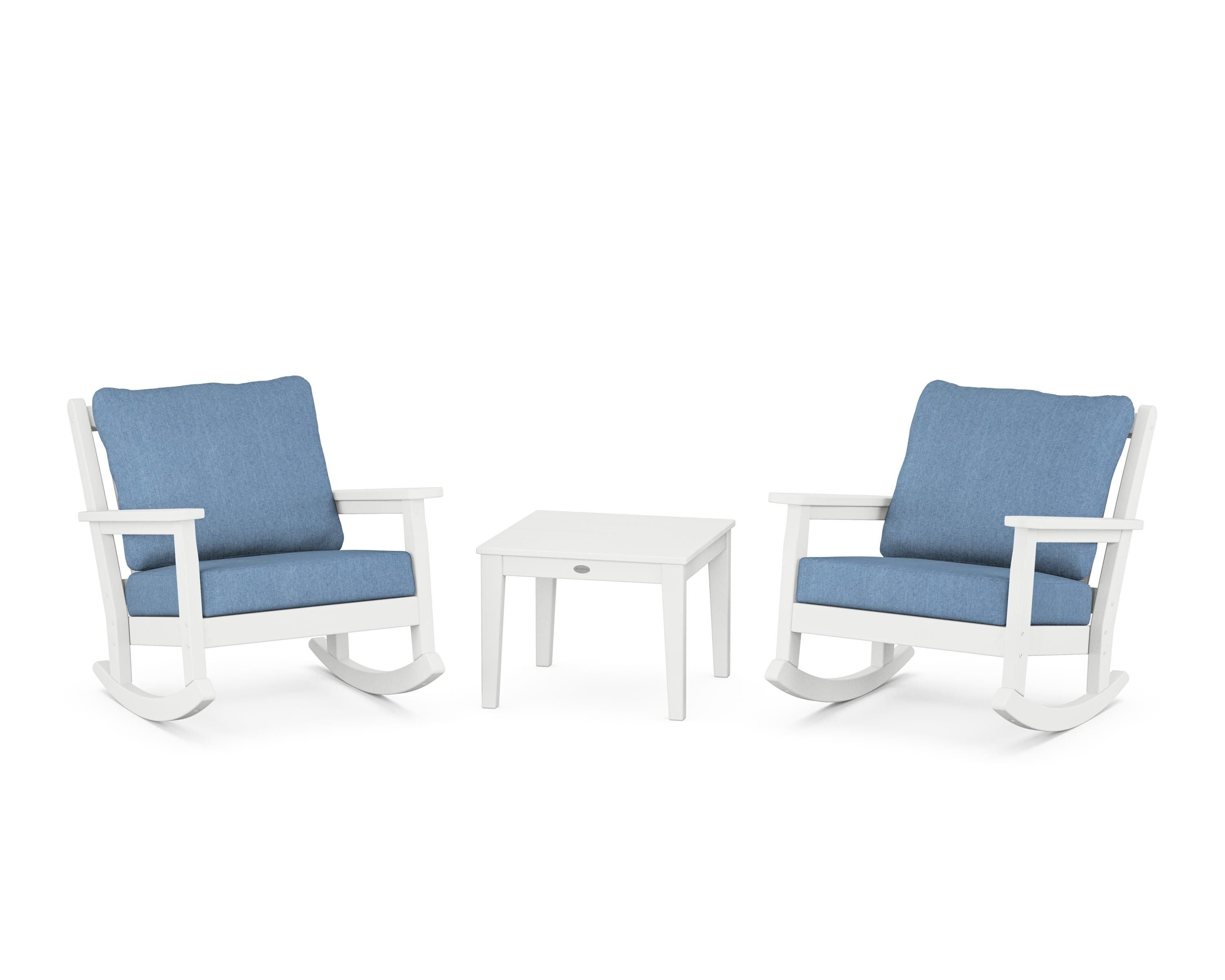 POLYWOOD® Chippendale 3-Piece Deep Seating Rocker Set in White / Sky Blue