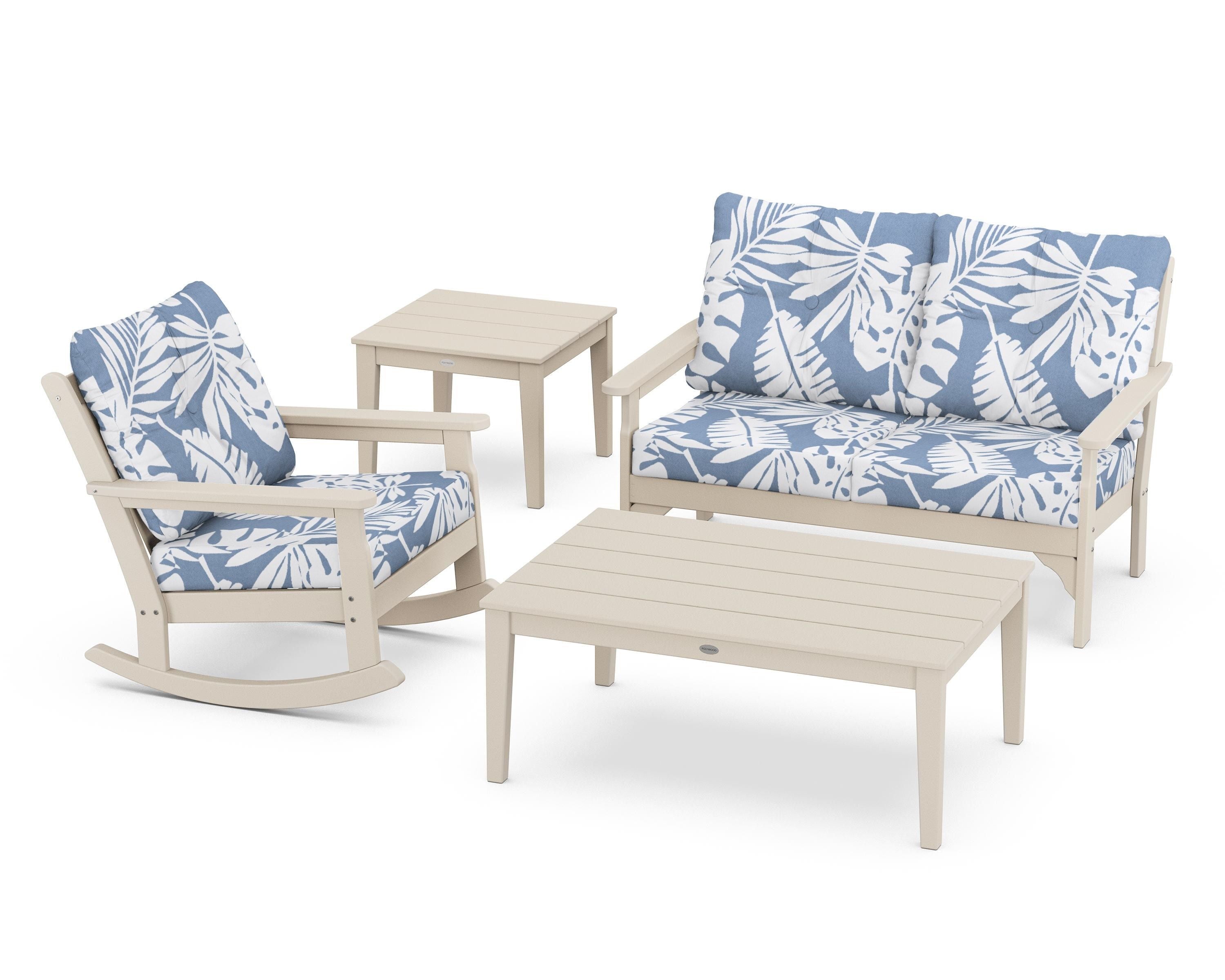 POLYWOOD® Vineyard 4-Piece Deep Seating Rocker Set in Sand / Leaf Sky Blue