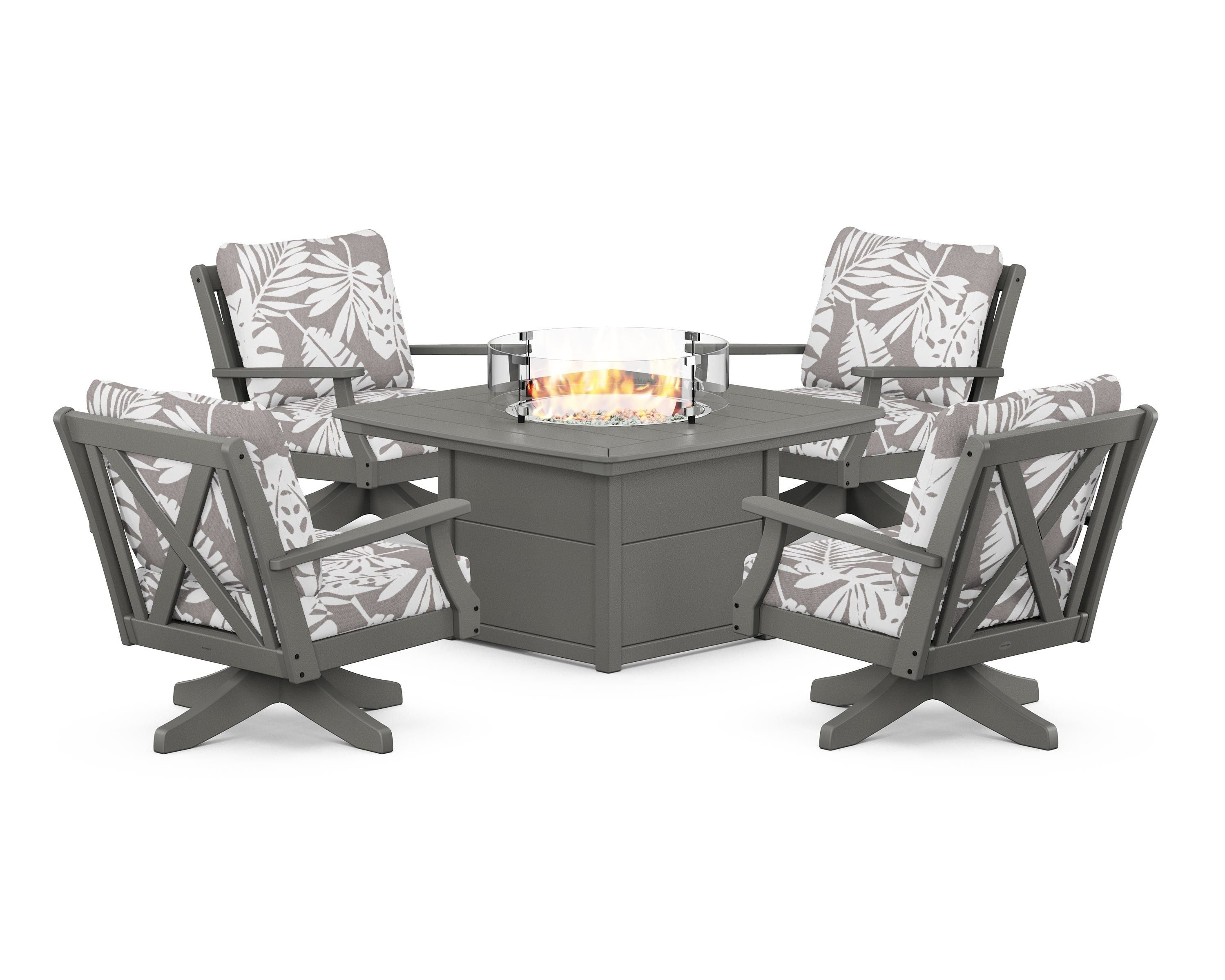 POLYWOOD® Braxton 5-Piece Deep Seating Swivel Conversation Set with Fire Pit Table in Slate Grey / Leaf Grey Mist
