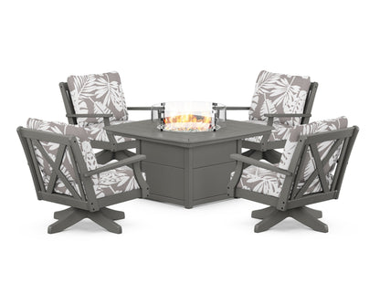 POLYWOOD® Braxton 5-Piece Deep Seating Swivel Conversation Set with Fire Pit Table in Slate Grey / Leaf Grey Mist