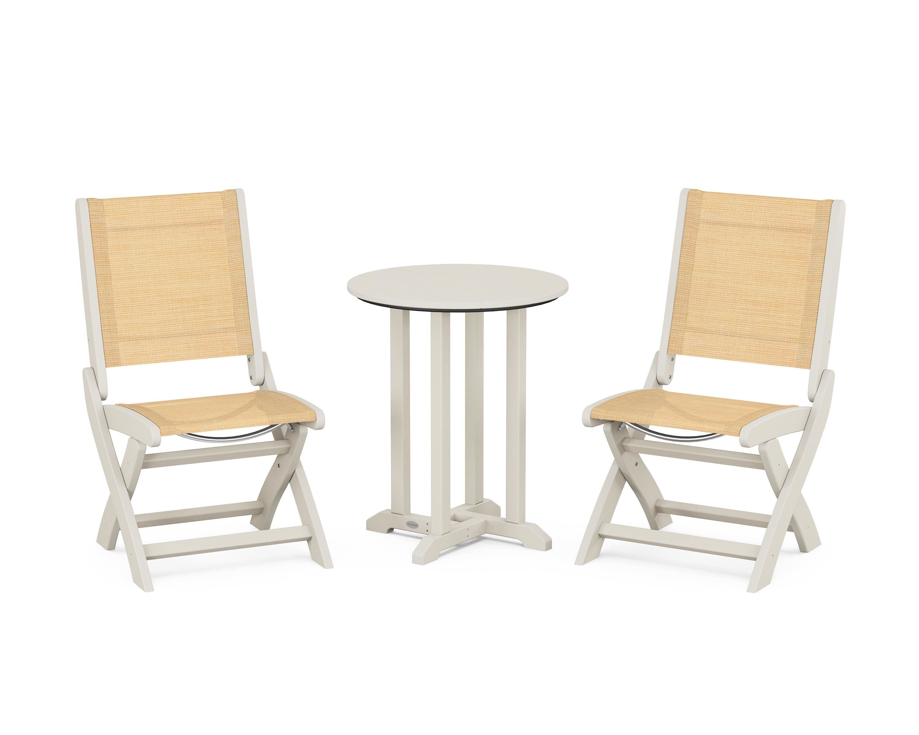 POLYWOOD® Coastal Folding Side Chair 3-Piece Round Bistro Dining Set in Sand / Dupioni Apricot Sling