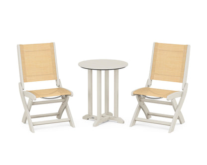 POLYWOOD® Coastal Folding Side Chair 3-Piece Round Bistro Dining Set in Sand / Dupioni Apricot Sling