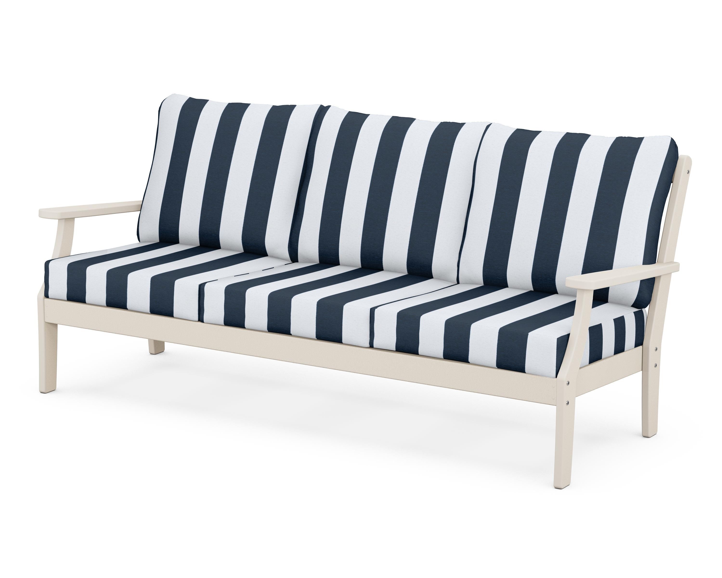 POLYWOOD® Braxton Deep Seating Sofa in Sand / Cabana Stripe Marine Indigo