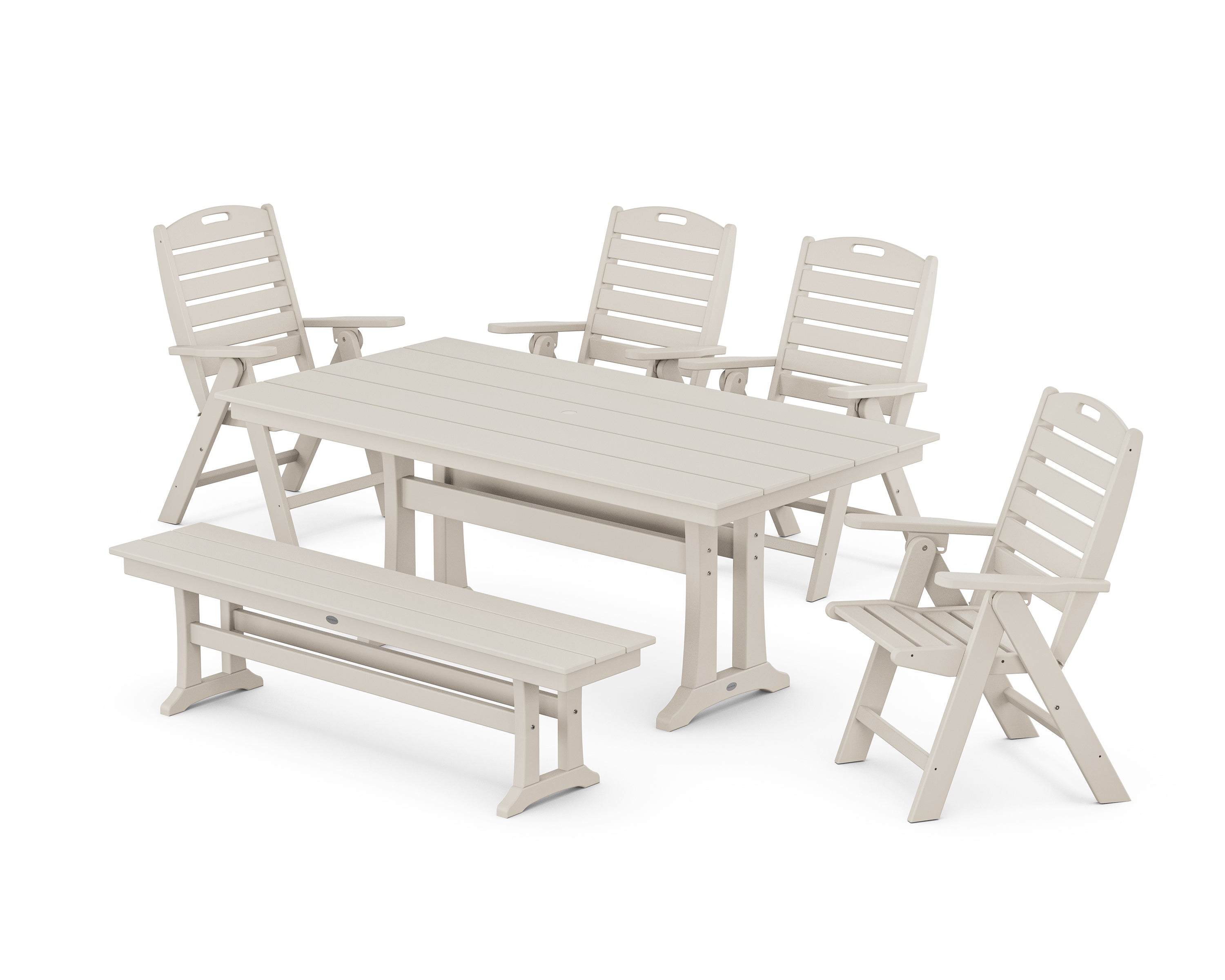 POLYWOOD® Nautical Highback 6-Piece Farmhouse Dining Set with Trestle Legs and Bench in Sand