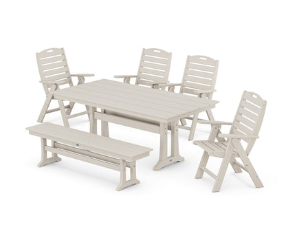 POLYWOOD® Nautical Highback 6-Piece Farmhouse Dining Set with Trestle Legs and Bench in Sand