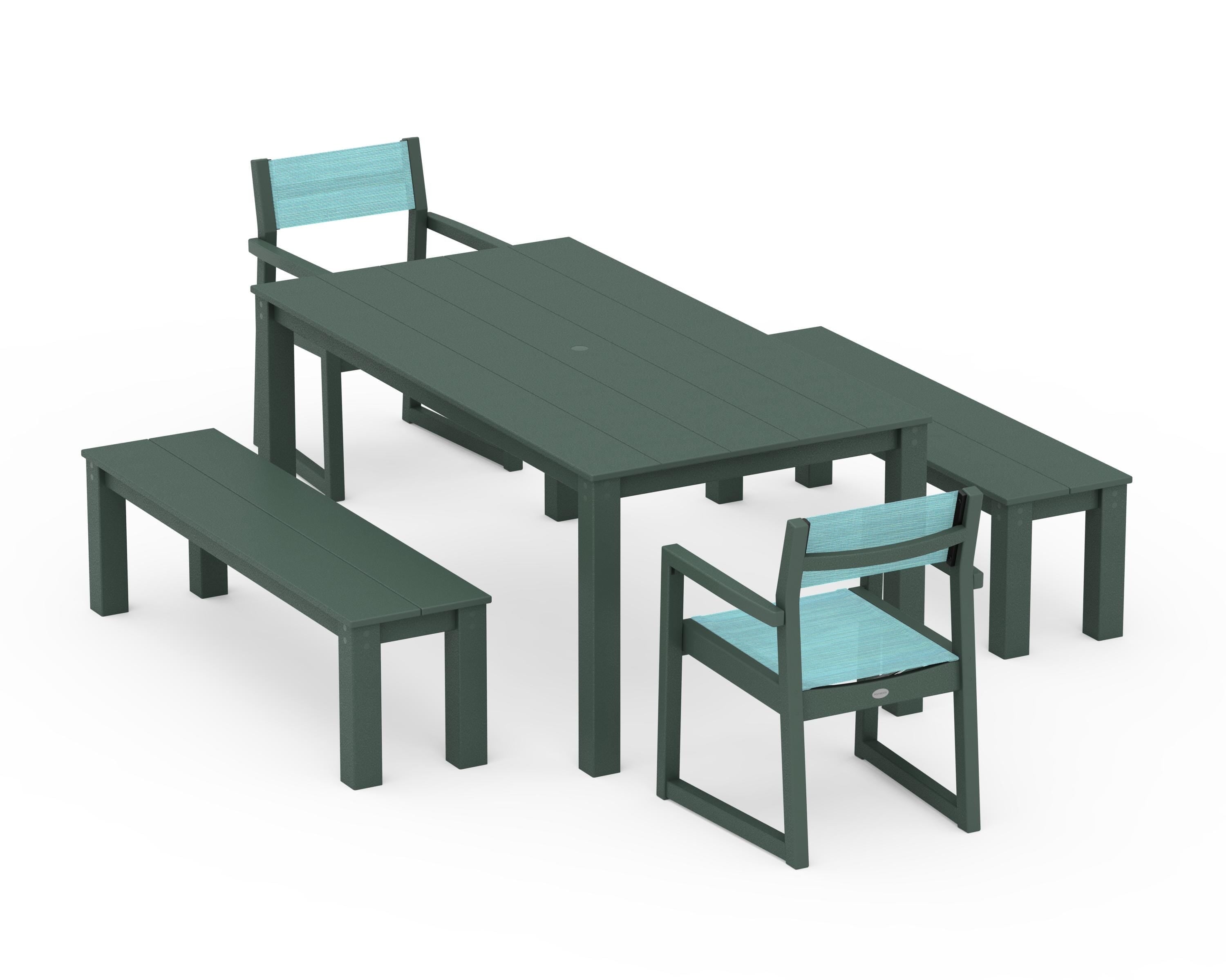 POLYWOOD® EDGE Sling Arm Chair 5-Piece Parsons Dining Set with Benches in Green / Dupioni Aquamarine Sling