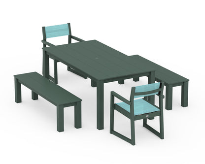 POLYWOOD® EDGE Sling Arm Chair 5-Piece Parsons Dining Set with Benches in Green / Dupioni Aquamarine Sling