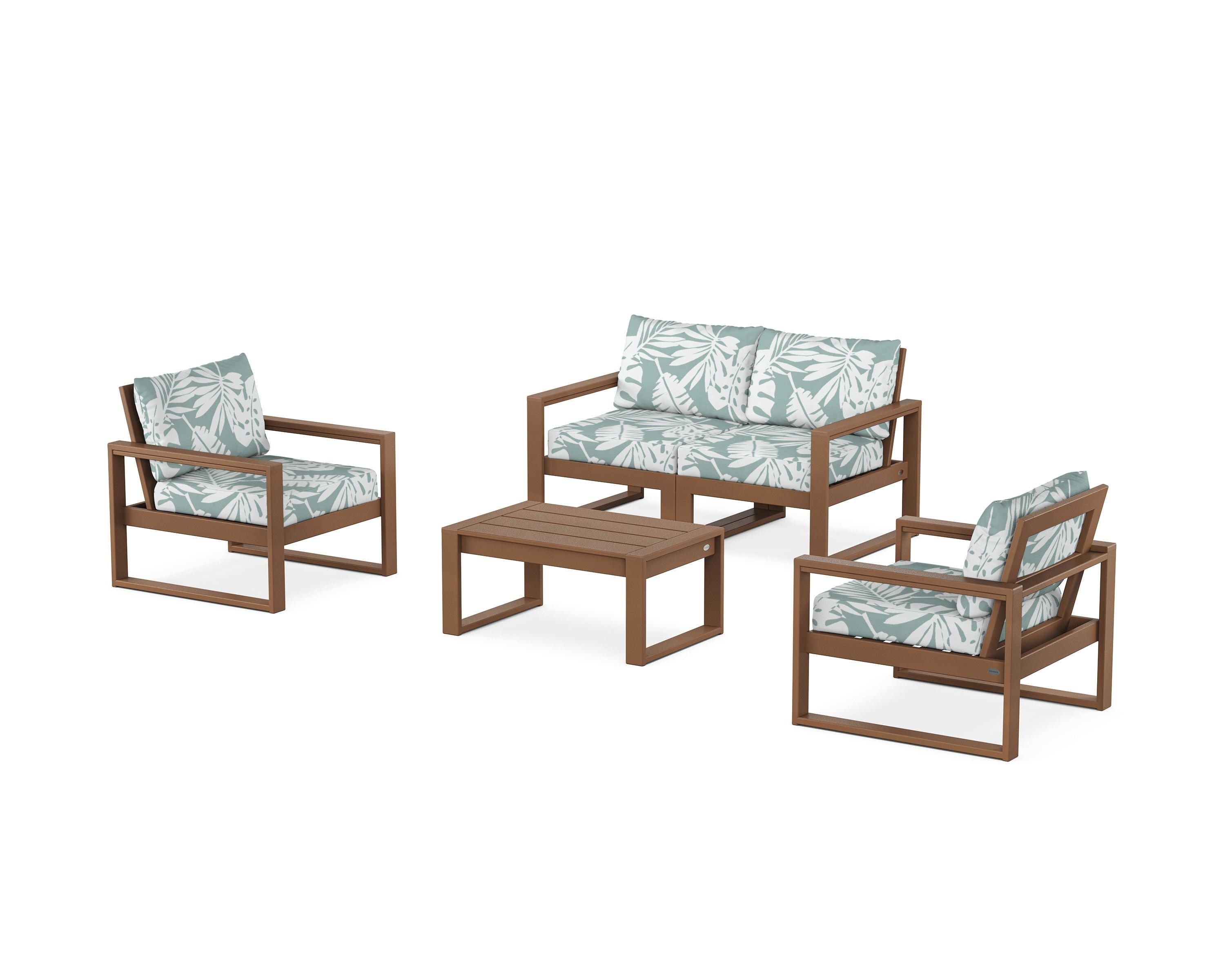 POLYWOOD® EDGE Sectional 4-Piece Deep Seating Set with Loveseat in Teak / Leaf Glacier Spa