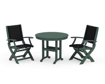 POLYWOOD® Coastal Folding Chair 3-Piece Round Dining Set in Green / Black Sling