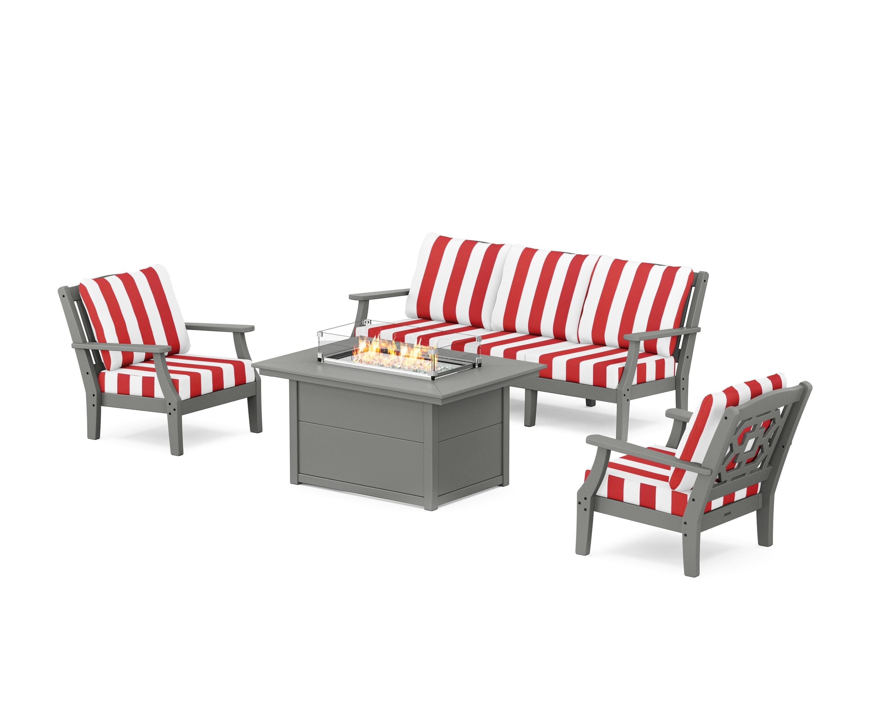 Martha Stewart by POLYWOOD® Chinoiserie Deep Seating Fire Pit Table Set in Slate Grey / Cabana Stripe Crimson