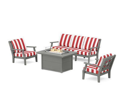 Martha Stewart by POLYWOOD® Chinoiserie Deep Seating Fire Pit Table Set in Slate Grey / Cabana Stripe Crimson