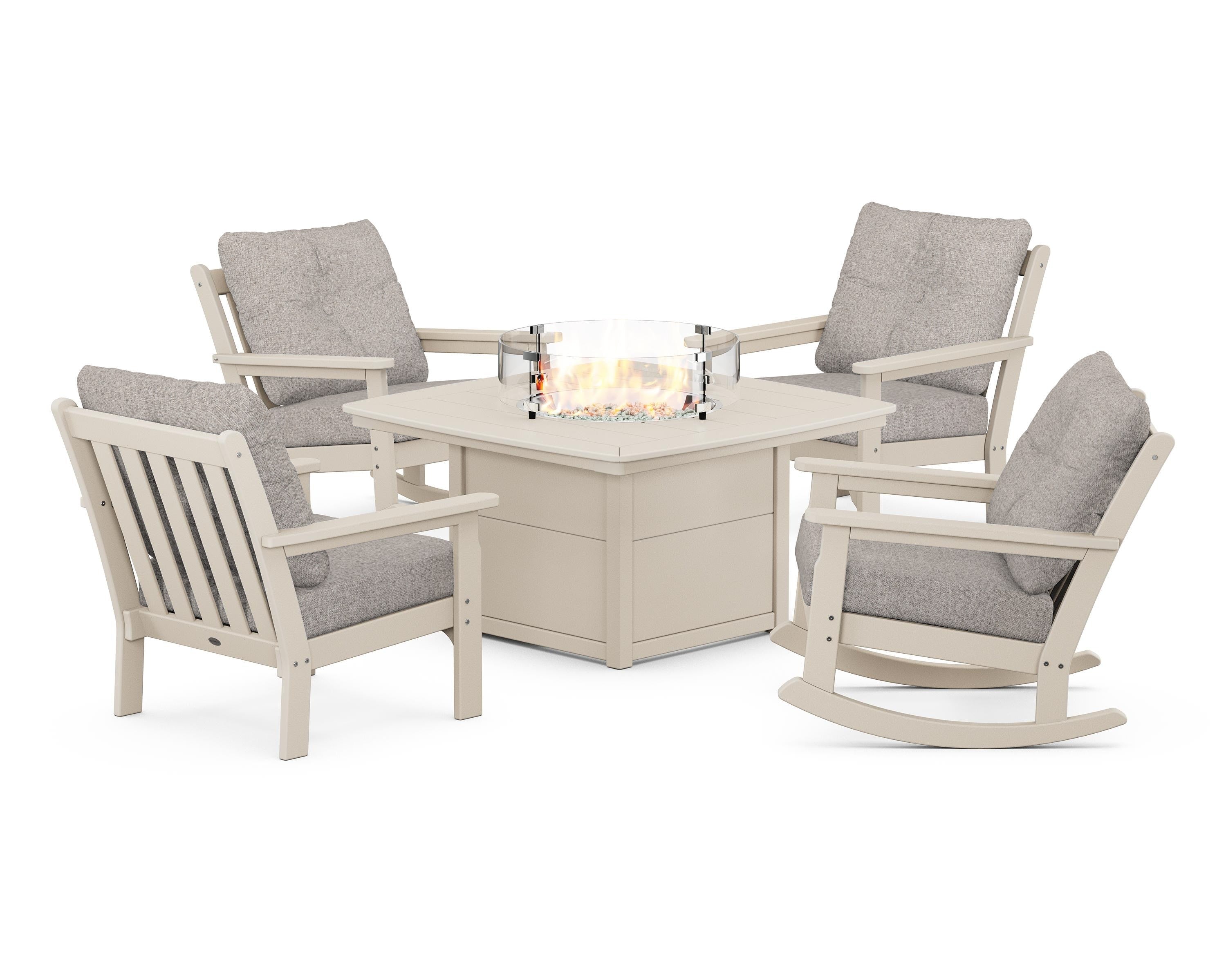 POLYWOOD® Vineyard 5-Piece Deep Seating Rocking Chair Conversation Set with Fire Pit Table in Sand / Weathered Tweed