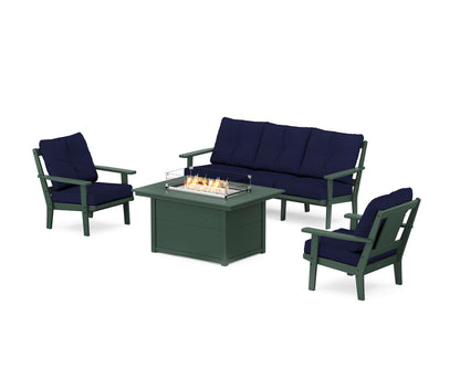 POLYWOOD® Prairie Deep Seating Fire Pit Table Set in Green / Navy
