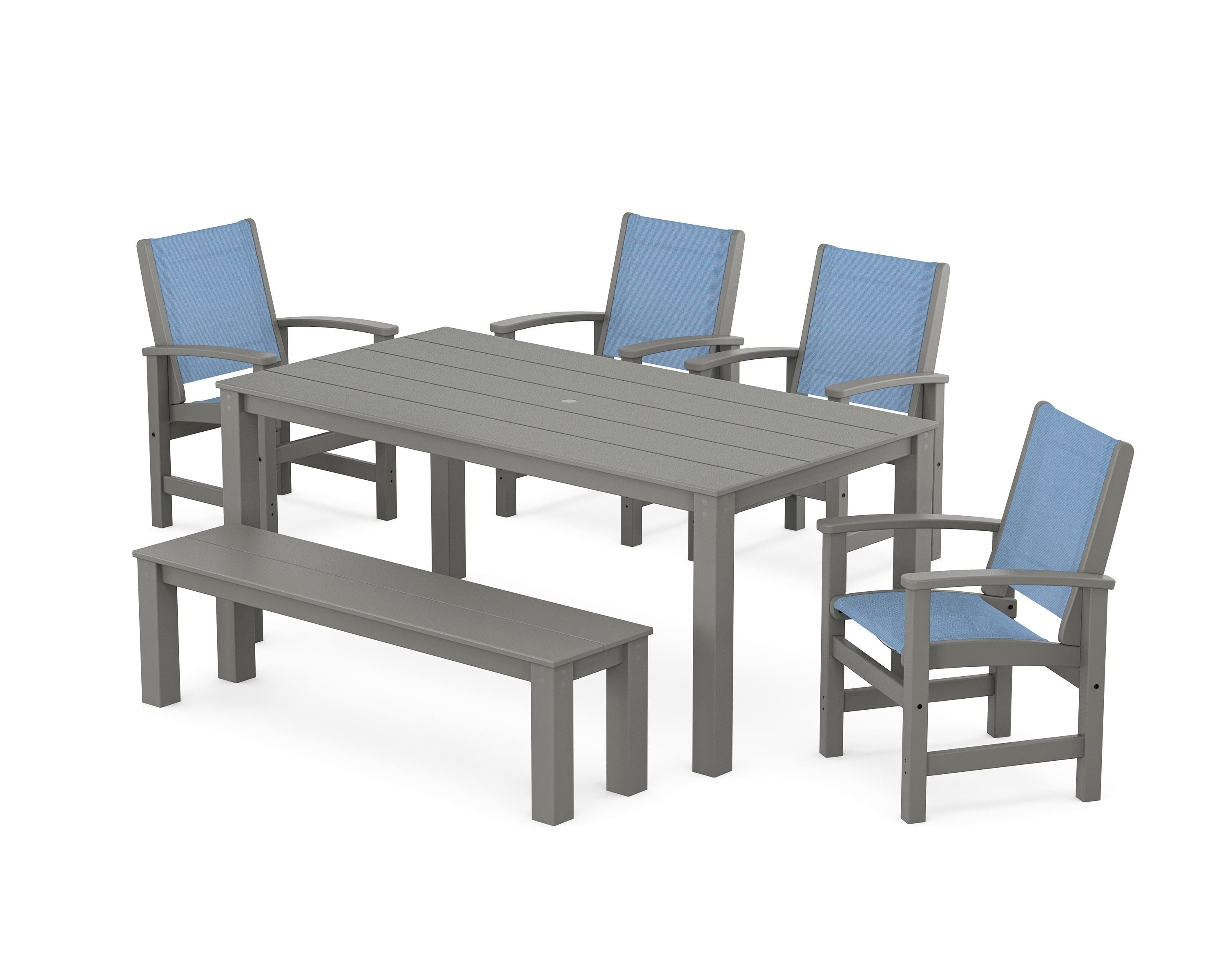 POLYWOOD® Coastal 6-Piece Parsons Dining Set with Bench in Slate Grey / Poolside Sling