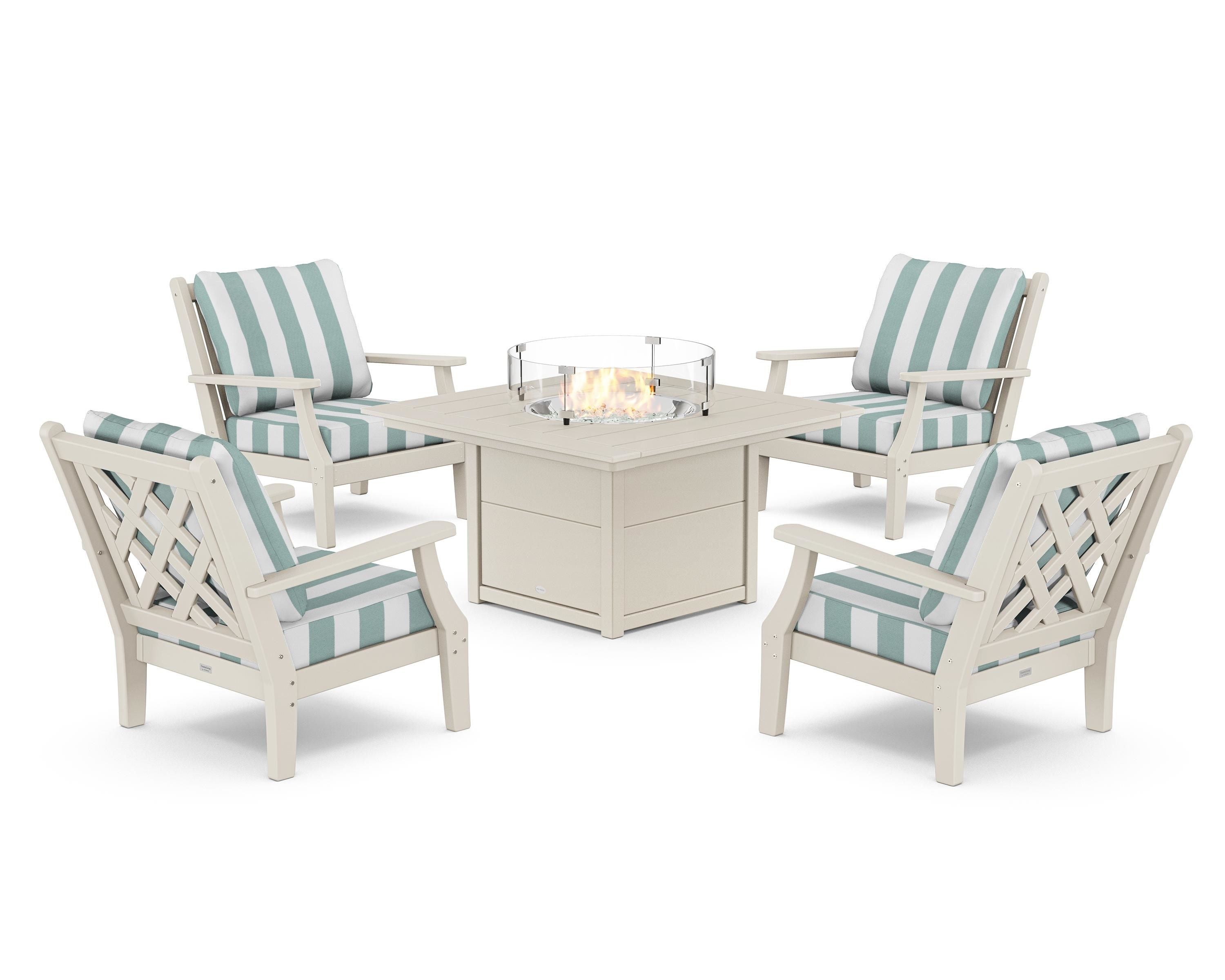 Country Living Wovendale 5-Piece Deep Seating Set with Fire Pit Table in Sand / Cabana Stripe Glacier Spa