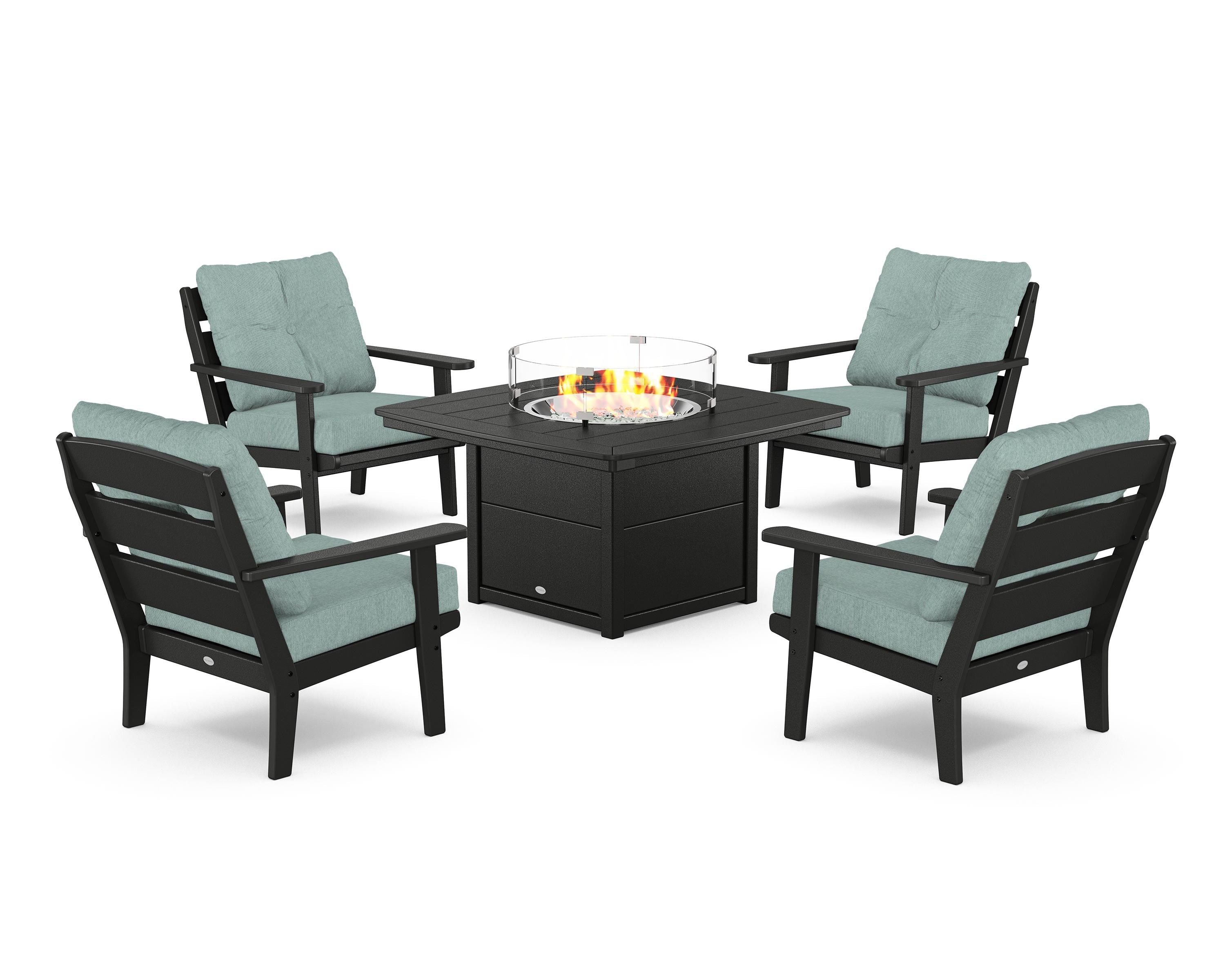 POLYWOOD® Lakeside 5-Piece Deep Seating Set with Nautical Fire Pit Table in Black / Glacier Spa