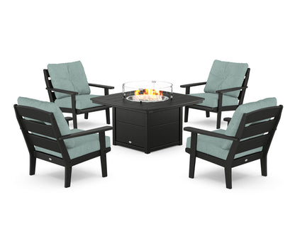 POLYWOOD® Lakeside 5-Piece Deep Seating Set with Nautical Fire Pit Table in Black / Glacier Spa