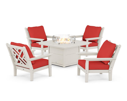 POLYWOOD® Chippendale 5-Piece Deep Seating Set with Fire Pit Table in Sand / Crimson Linen