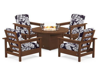 POLYWOOD® Club 5-Piece Conversation Set with Fire Pit Table in Teak / Leaf Navy
