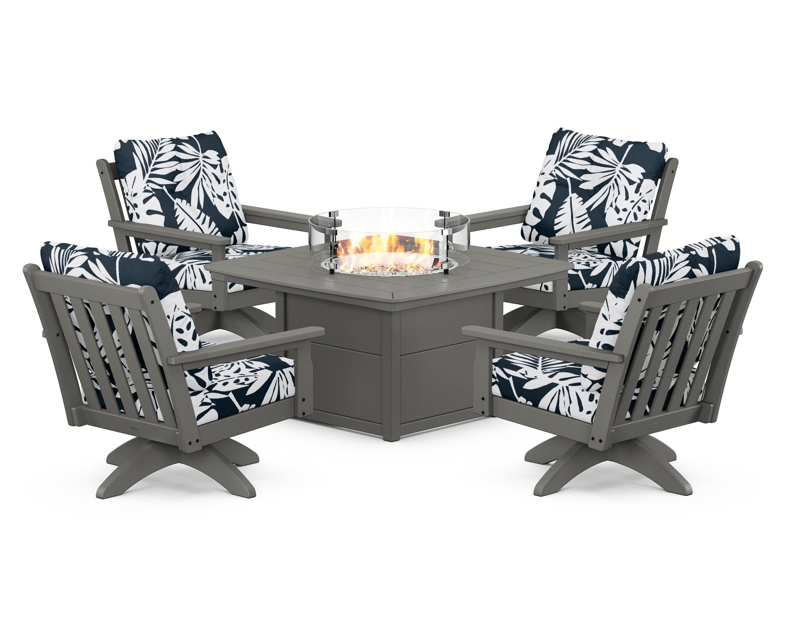 POLYWOOD® Vineyard 5-Piece Deep Seating Swivel Conversation Set with Fire Pit Table in Slate Grey / Leaf Marine Indigo
