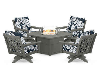 POLYWOOD® Vineyard 5-Piece Deep Seating Swivel Conversation Set with Fire Pit Table in Slate Grey / Leaf Marine Indigo