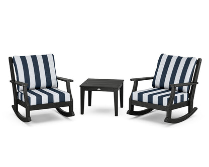 Country Living Wovendale 3-Piece Deep Seating Rocker Set in Black / Cabana Stripe Marine Indigo